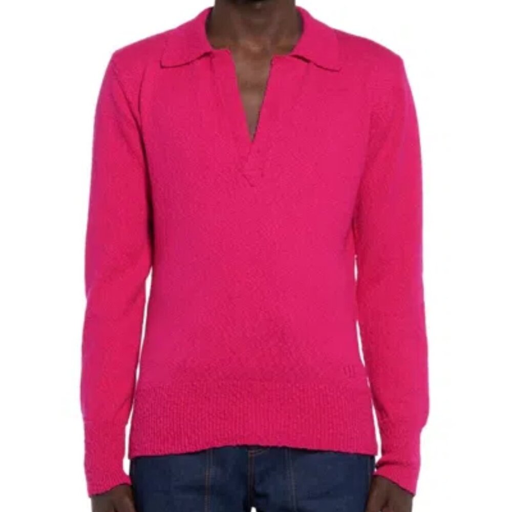 WINNIE NEW YORK Men's Harry Bouclé Knit Polo Sweater In Hot Pink Size XL